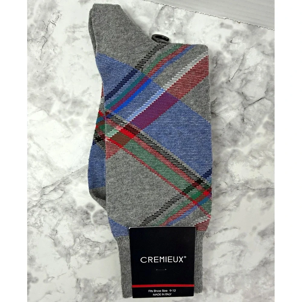 Cremieux Men's Gray Plaid Socks 1 Pair Fits Shoe Size 9-12 Made in Italy